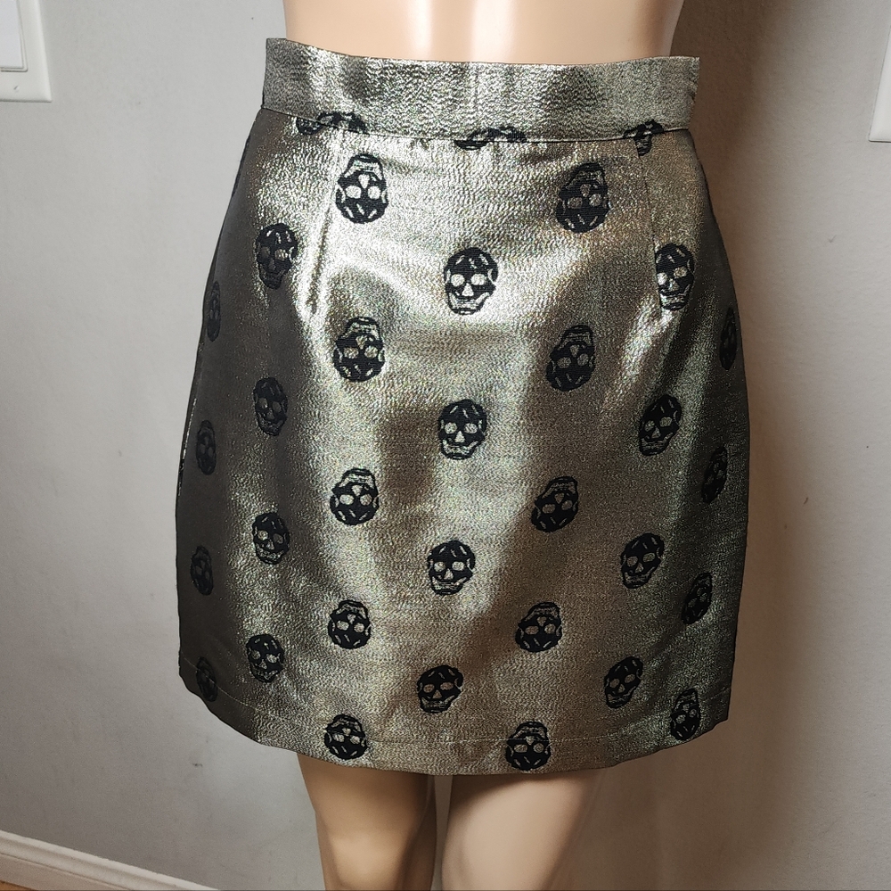 Modcloth Skull Pattern Gold Metallic Mini Skirt Women's Size 2 Shiny